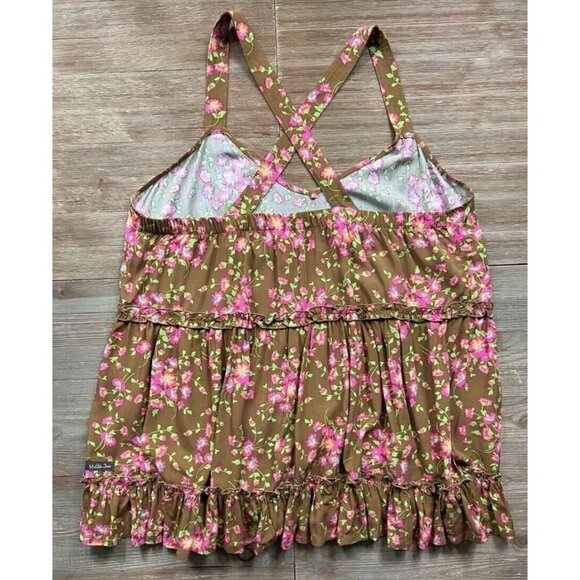 Matilda Jane Sz M Brown Pink Floral Print Ruffle Criss Cross Back Tank Top Women - Picture 4 of 16